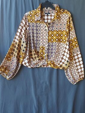 DREW Brown, Cream & Lavender Geometric Print Top